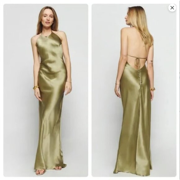 Reformation Jeany 100% Silk Dress in Olive Oil - Picture 2 of 9